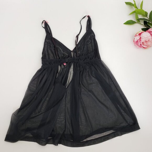 Vintage Betsey Johnson Intimates Babydoll Negligee Size S Black Sheer Pink Bows - Picture 6 of 10
